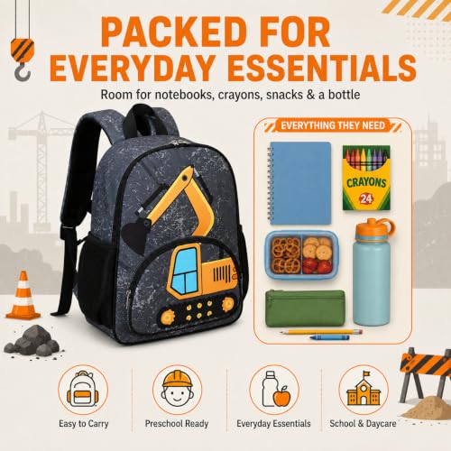Image of LOIDOU Kids Preschool Backpack for Boys, 15 Inch Excavator Truck School Bag, Lightweight Water-Resistant Kindergarten Backpack with Chest Strap for Ages 3-6