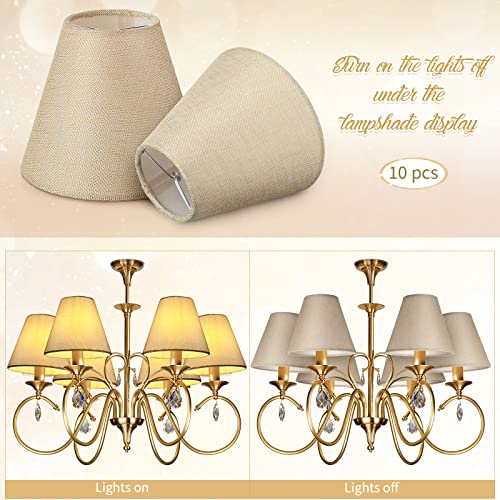Image of Set of 10 Small Lamp Shade Chandelier Shades Burlap Clip on Lamp Shade 3 inch x 6 inch x 5 inch Rustic Barrel Fabric Lampshade Cover for Table Chandelier Wall Lamp (Beige)