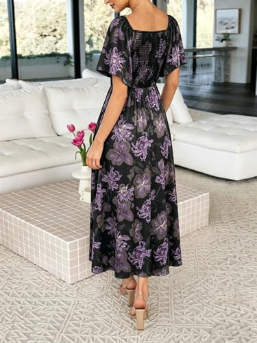 Image of Fashionme Womens Dresses 2026 Maxi Dresses Deep V Neck Elegant Bow Tie Front Cap Sleeve Summer Floral Satin Smocked Dress