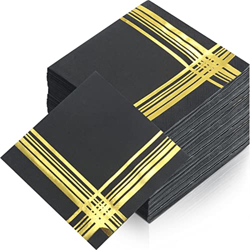 Serviettes à cocktail en papier noir et doré 3 plis jetables pour fête | Lot de 200