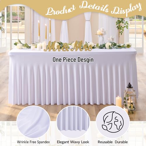 Image of Outpain White Spandex Table Clothes for 6 Foot Rectangle Tables-12Pack 6FT Spandex Fitted Table Cover, Wrinkle Free Tablecloths with Skirt for Parties, Wedding, Birthday, Banquet, Festival