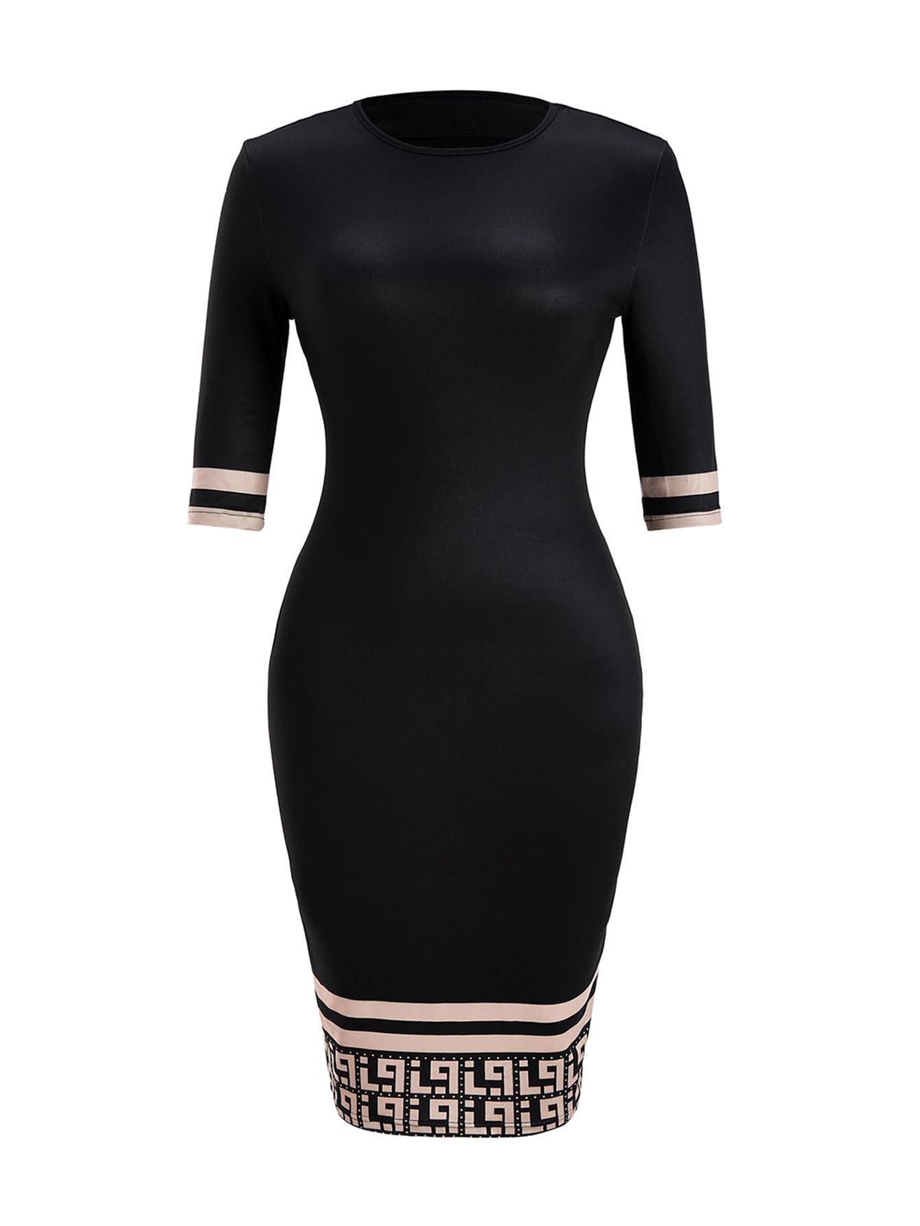 Womens Half Sleeve Pencil Dress Elegant Geo Print Crew Neck Bodycon Work Office Dresses