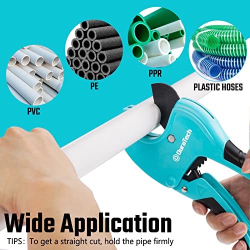 Image of DURATECH Ratchet PVC Pipe Cutter | Cuts up to 1-5 /8 inch PEX, PPR, PE and Plastic Hoses, with PTFE-Coated Sharp Blade,Suitable for Home and Plumbing Repairs