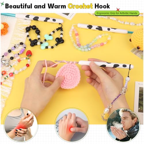 Image of Katech Ergonomic Crochet Hook, Aluminum Soft Grip Crochet Hooks for Beginners and Arthritic Hands, Soft Clay Crochet Needle with Cow Motif and Bead Chain-Ideal Gift for Crocheter (3.5mm)