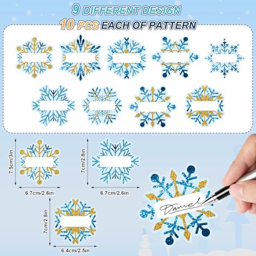 Image of Whaline 90Pcs Christmas Winter Name Tag Stickers Blue Gold Snowflake Shape Nameplates Xmas Self-Adhesive Gift Label Decals for Holiday Present Students Desk Classroom, 9 Designs