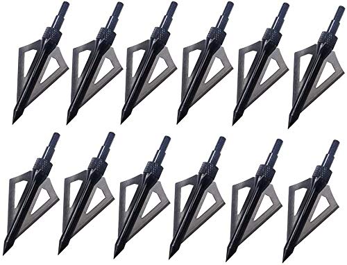 Pg1Archery 12 Pack 3 Fixed Blade Archery Hunting Broadheads 100 Grain With Case Arrow Head Screw-In Tips For Compound Bow & Crossbow (Black) #TOP3