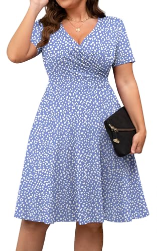 Image of POSESHE Womens Plus Size Dresses Summer Short Sleeve Wrap V-Neck Sundress Casual Wedding Guest Cocktail Dress with Pockets