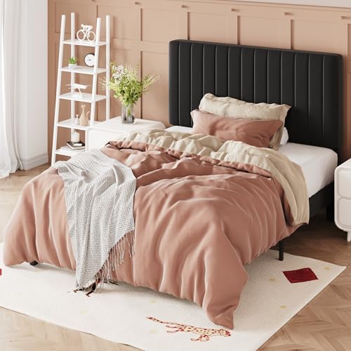 Image of Allewie Twin Bed Frame, Velvet Upholstered Platform Bed with Adjustable Vertical Channel Tufted Headboard, Mattress Foundation with Strong Wooden Slats, Box Spring Optional, Easy Assembly, Black