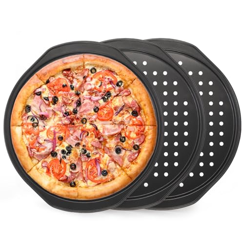 TOPZEA 3 Pack Pizza Crisper Trays, 12 Inch Pizza Tray for Oven, Non-Stick Carbon Steel Pizza Pans Screen with Holes & Handles, Perforated Round Cookie Baking Sheets Plate Bakeware for Home, Restaurant