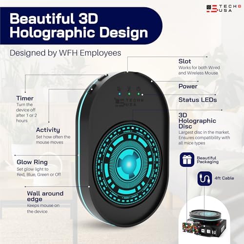 TECH8 USA Undetectable Mouse Mover Jiggler with Ambient Glow Ring and Hologram Disc for Laptops, PC, No Software, Random Movement, Designed, Patented and Trademarked in USA - 3D Hologram Alien — view 5