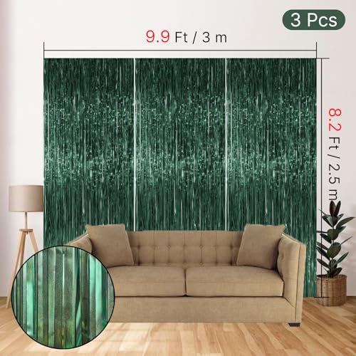 Image of PartyWoo Dark Green Streamers Backdrop 3pcs Green Tinsel Foil Fringe Streamer Curtains 8.2 FT Curtains Photo Backdrop for Graduation Birthday Dinosaur Jungle Golf Football Theme Party Decorations