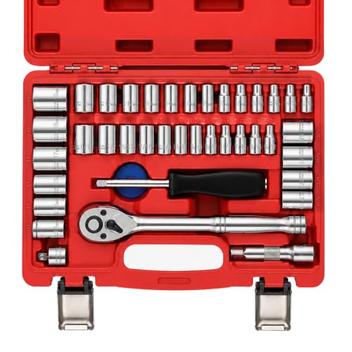 Image of Egofine 40 Pieces 1 /4 & 3 /8 inch Drive Socket Ratchet Wrench Set, Metric /SAE Size, with Extension Bar, Adapter, Spinner Handle and Spin Disk for Auto Repairing and Household, with Storage Box
