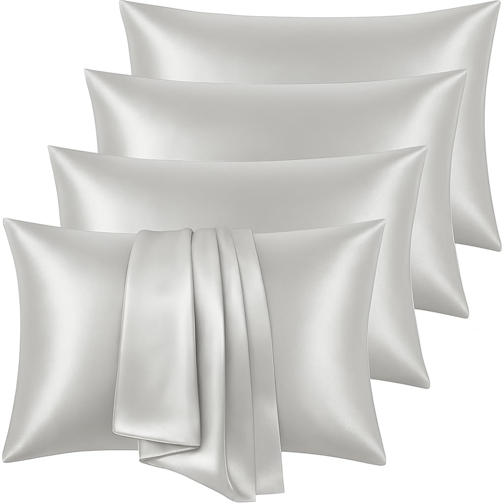 Aspire Homeware Silver Pillow Cases 4 Pack - Super Soft Satin Pillowcase Feels Like Silk Pillowcase - Silk Pillowcases For Hair And Skin Care (50X75cm)