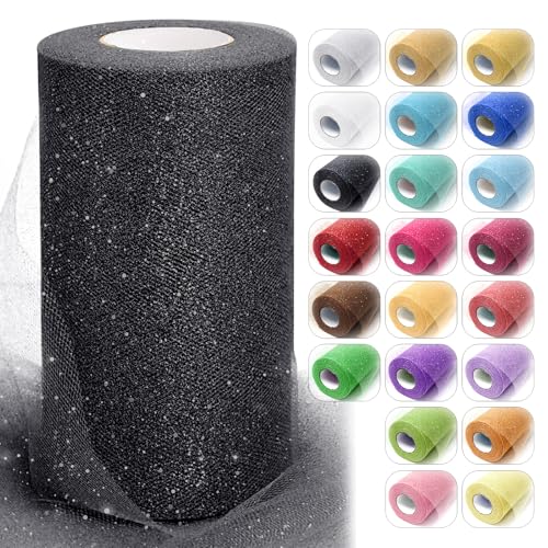Black Glitter Tulle Fabric Rolls 6 Inch x 50 Yards Sparkling Spool Ribbon Sequin Netting for DIY Tutu Skirt Wedding Decoration Halloween Party Backdrop Gift Wrapping Bow Craft Supplies