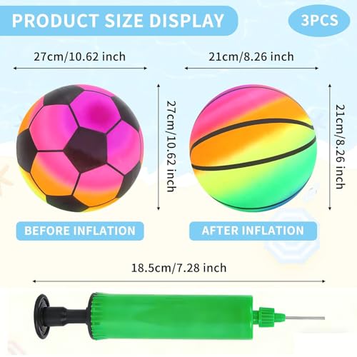 Gukasxi 3 Stück Regenbogen Inflation Strand Bälle mit Pumpe, Rainbow Bouncy Kickball Kinder Sport Spielen Ball Wasserball Fußball Handball Spielzeug für Indoor Outdoor Spielplatz Aktivitäten