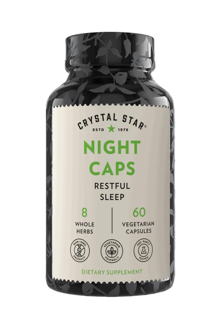 Crystal Star Night Caps Natural Sleep Aid Supplement (60 Capsules) – Herbal Non-Habit Forming – Valerian Root, Kava & Passion Flower – Non-GMO