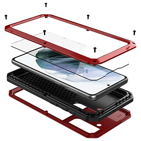 Marrkey for Galaxy S21 Case,Full Body Protective Cover Heavy Duty Shockproof [Tough Armour] Aluminum Alloy Metal Case with Silicone Built-in Screen Protector for Samsung Galaxy S21 5g 6.2" - Red Cover