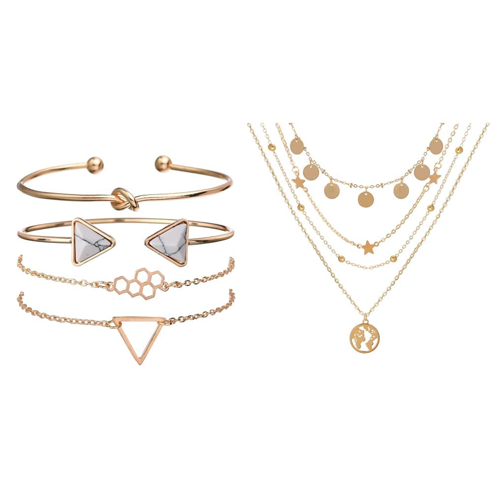 Shining Diva Fashion Set of 4 Multilayer Charm Bangle Gold Plated Bracelet for Women and Girls (Golden) & Golden Neck Chain Pendant Necklace Jewellery for Women (B0B9XH8WCS) Amazon Price History, Amazon Price Tracker