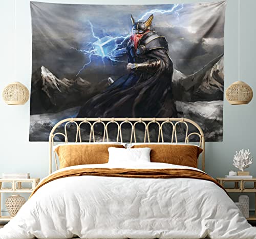 Lunarable Viking Tapestry, Thor Mjolnir And Thunder Flying Over Mountains Angry Warrior From Norse Myths, Wide Wall Hanging For Bedroom Living Room Dorm, 80" X 60", Blue Grey #TOP4