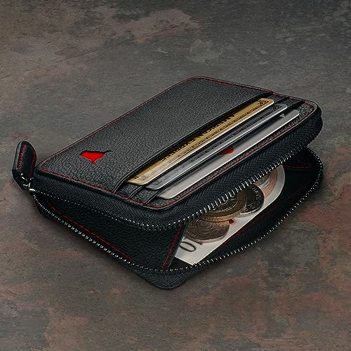 TORRO Leather Card Holder with Coin Case – RFID Blocking Premium Leather Credit Cardholder with Zipped Coin Pouch (Black with Red Detail)2
