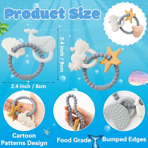 Image of Silicone Teether Toys for Babies - 2ooya 2Pcs Summer Ocean Beach Themed Teething Ring Infant Soft Teethers, Toddler Teething Chew Toys for Newborn Boy and Girl Baby Shower Birthday Gifts
