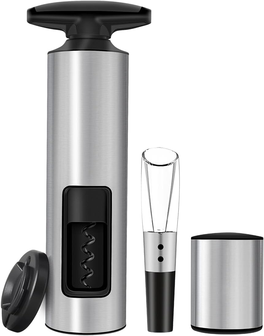 VinoLux Series Manual Wine Opener Set – Self-Pull Corkscrew with Foil Cutter, Wine Aerator Pourer & Vacuum Stopper, Brushed Stainless Steel Design, Easy to Use & Durable – 4-in-1