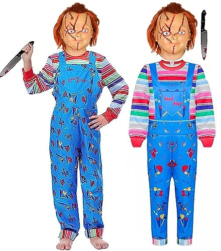 Kuberas Chucky Costume for Kids Boys Girls Rainbow Stripe Jumpsuit Dress Tops Halloween Cosplay Costume for 3-10 Years, Jumpsuit+top+mask+props
