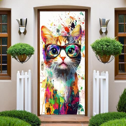 Graffiti Sticker Porte Trompe-l’Œil Chat aquarelle 83x204 cm Papier Peint Porte 3D Auto-adhésif Décoration Porte Intérieure Bureau Chambre Salon Salle de...