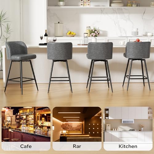 Image of Swivel Bar Stools Set of 2, 26 inch Counter Height Bar Stools with High Back and Metal Legs, Faux Leather Bar Chairs, Modern Barstools for Kitchen Island, Light Grey
