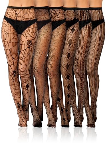 6 Pairs Fishnet Stockings Women Black Lace Tight High Stockings Plus Size Checkered Cobweb Halloween