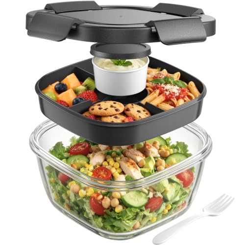 Image of Canfanni Glass Salad Container, 56oz Bowl with Airtight Lids, Bento Box