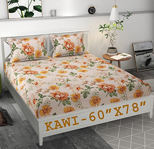 Image of KAWI Cotton Feel Floral 200TC Double Bedsheet Queen Size 78X60 Inches With Elastic Fitting With 2 Pillow Covers(Provide Fits Up To 8 Inch Mattress)-Yellow Pinkcolour