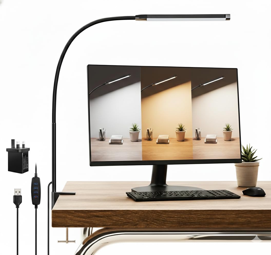 CUHIOY LED Desk Lamp with Clamp, Clip on Light for Office Desk, 68cm Flexible Gooseneck Reading Lamp, 3 Colour Modes & 10 Brightness, Eye-Caring Task Light for Study, Craft, Bedside, UK Plug Included