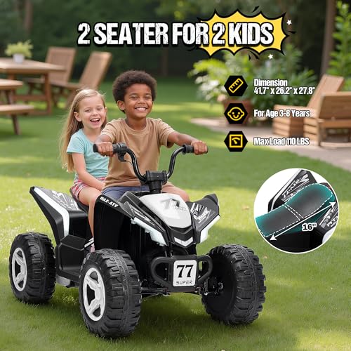 Image of Kids ATV 4 Wheeler, Two Seater 24V Ride On Toy for Big Kid w /Unique LED Light, Music, Wireless, Story, 24 Volt Ride on Car Electric Quad for Boys Girls (White)