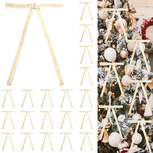 Image of 24 PCS Velvet Bows Christmas Ornaments Decorations, Sparkly Glittery Champagne Velvet Bows Ornaments for Christmas Tree, Unique Vintage Xmas Home Holiday Decor for Tree Mantle Wreath Gift Wrap