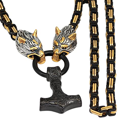 GuoShuang Men Viking Stainless Steel Wolf mjonirl Necklace with Valknut Gift Bag (Black, 28)