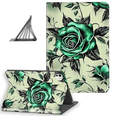 DISUOFEART for iPad Pro 11 Inch Case 2024, Slim Lightweight Stand Cover with Auto Sleep/Wake, Green Rose with Black Thorns
