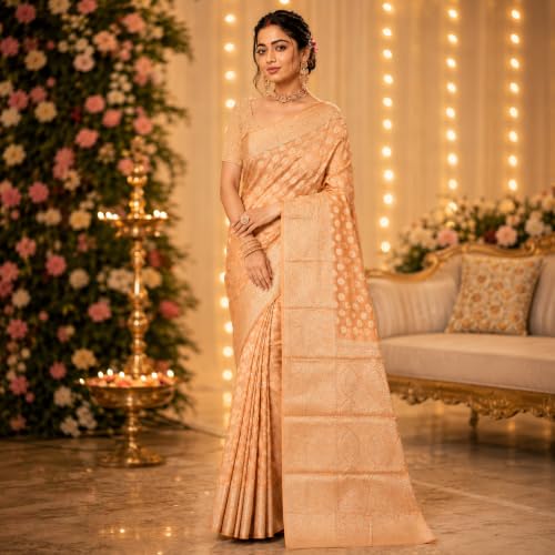 Image of Organza Silk Saree Wedding For Women Banarasi Sadi Original Kanchipuram Pure Rich Pallu Sari With Blouse Piece
