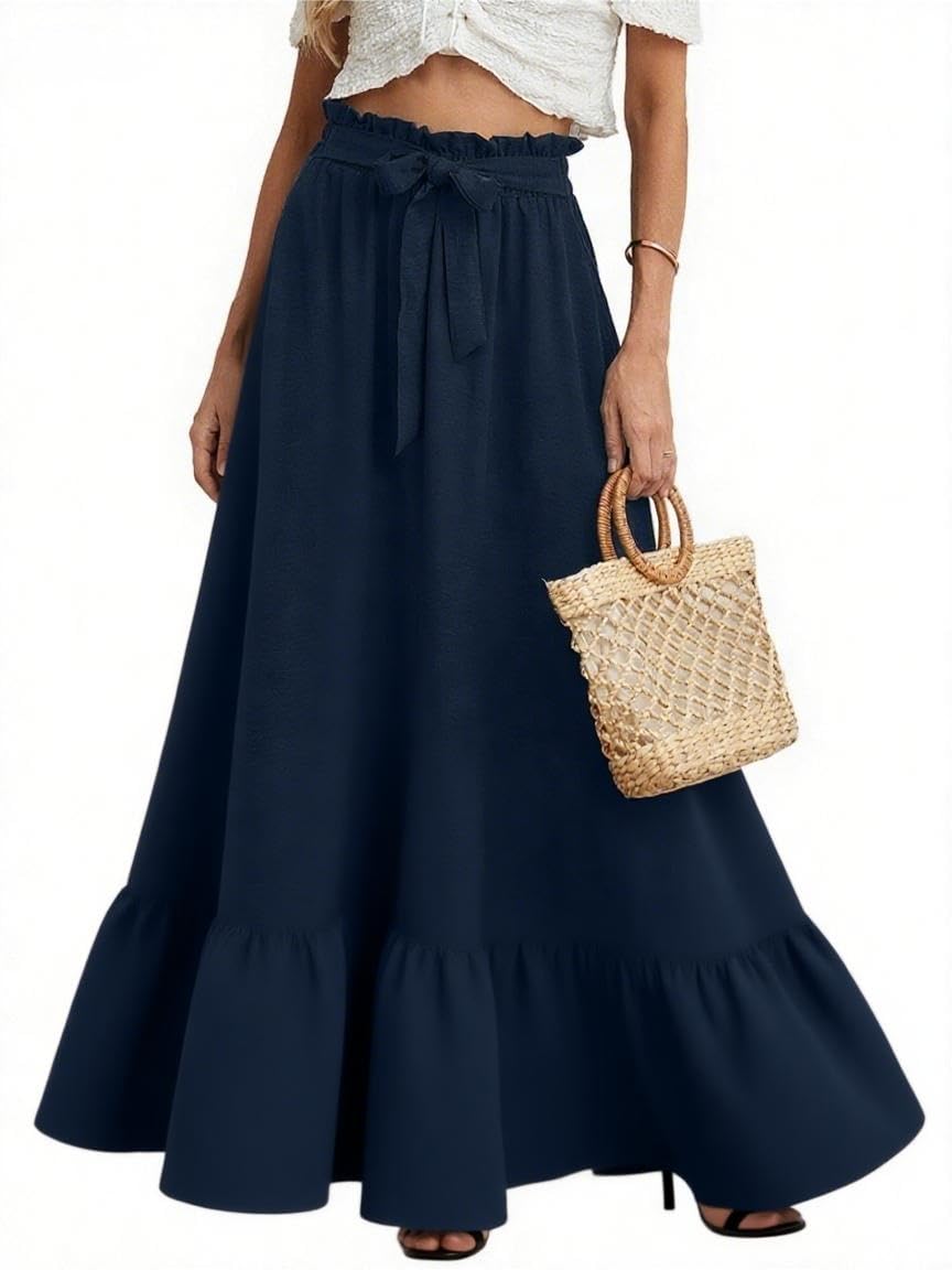 KORSIS Women's Maxi Skirt Casual A Line High Waisted Tied Adjustable Flowy Elegant Vocation Beach Long Skirt with Pocket