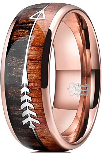 THREE KEYS JEWELRY 8mm Rose Gold Tungsten Wedding Ring with Koa Wood Zebra Wood Two Arrows Inlay Dome Hunting Ring Wedding Band Engagement Ring Size 9