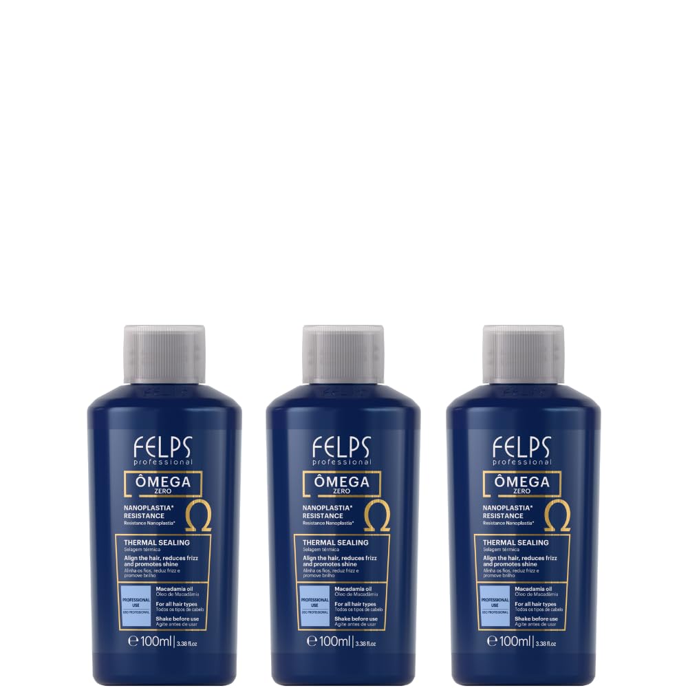 Kit 3 Mini Felps Professional Omega Zero Nanoplastia Hair Straightening Treatment, Formaldehyde-Free, with Macadamia Oil, Mini 3x3.38 fl.oz