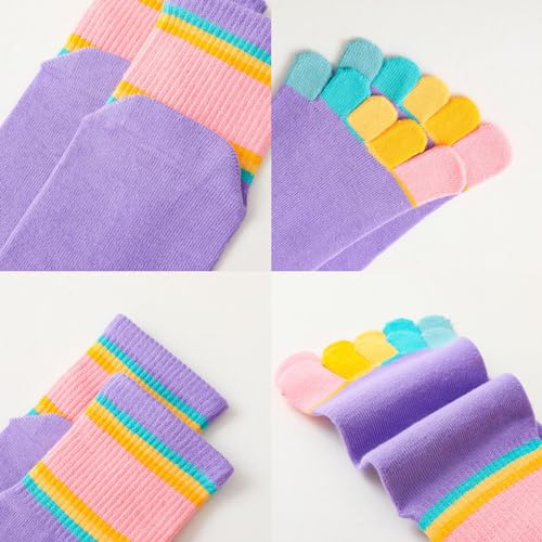 Girls Seamless Socks Rainbow Stripes Five Finger Cotton Toe Socks Kids School Crew Socks 6 Pack4