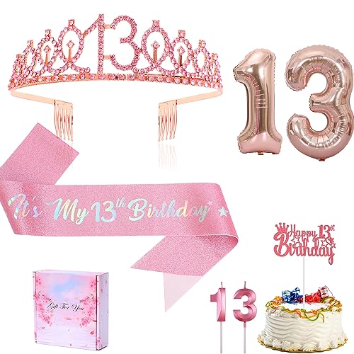 13th Birthday Candle Sash and Tiara Sets,It's My 13th Birthday Sash Rhinestone Crown Happy Birthday Cake Topper 32inch Foil Balloon for Girls 13th Birthday Gift Party Decorations Supplies (Rose 13th)