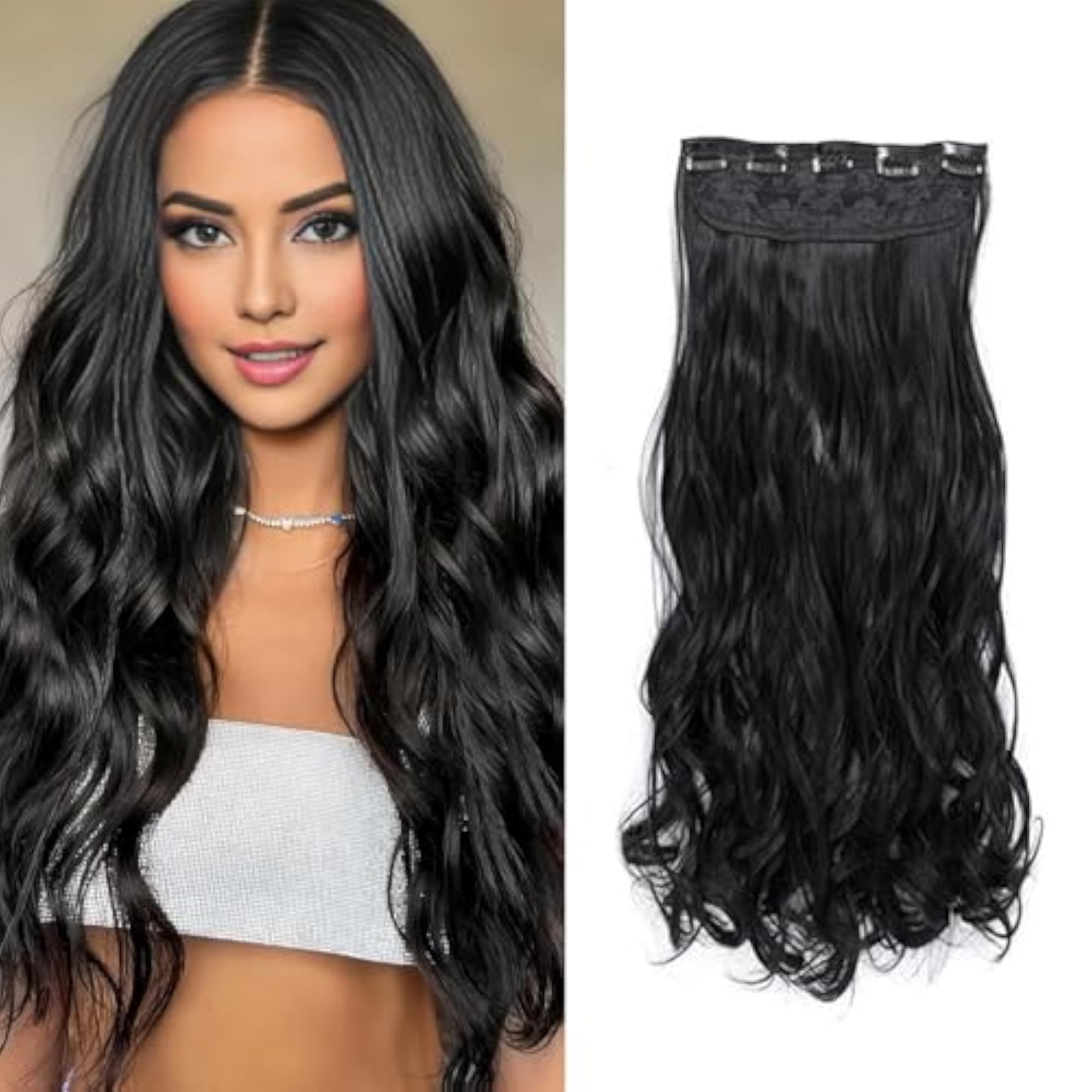 Women's Wavy Hair Extension, 5 Clips Silky Soft Black