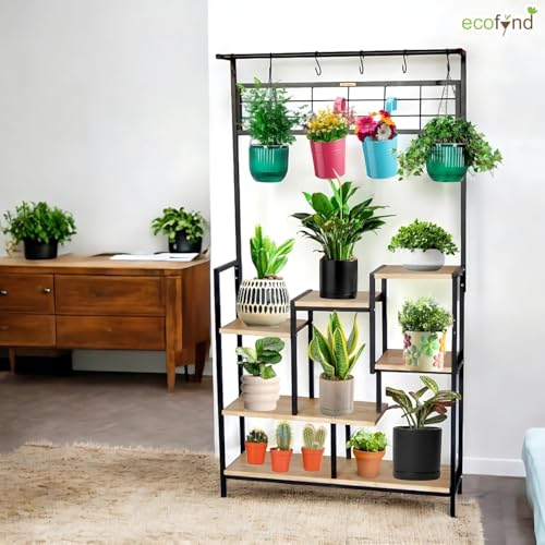 Image of ecofynd Elara Shelf Plant Stands for Outdoor Balcony, Flower Pot Stand for Indoor Plants, Large Metal Planter Stand for Living Room, home decor, Indoor & Outdoor plants, 6 Tier, (PS042-BLK)