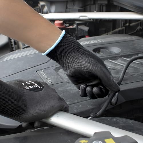 Image of Kebada Safety Work Gloves, 12 Pairs Work Gloves with Grip, PU Coated Grip Gloves for Warehouse, Construction, Gardening and Mechanics, Black, Small