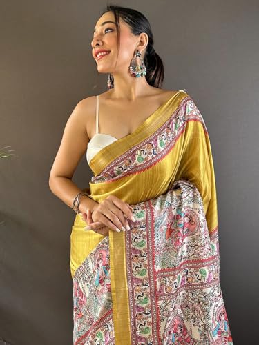 Image of Panzora Women's Tussar Silk Madhubani Printed Saree With Unstitched Blouse Piece
