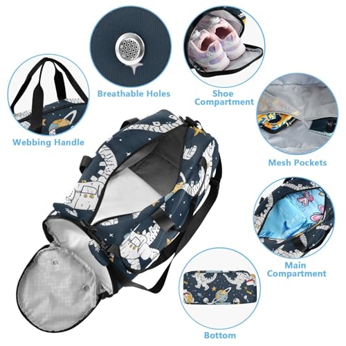 Duffle Bag Kids Gym Bag with Shoes Compartment & Wet Separation Overnight Travel Duffel Bag Astronaut Dinosaur for Girl Boy4