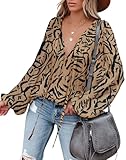 LAMISSCHE Womens Sexy Deep V Neck Blouse Flowy Leopard Puff Sleeve Shirt Oversized Drawstring Chiffon Tunic(002-Khaki Zebra,S)