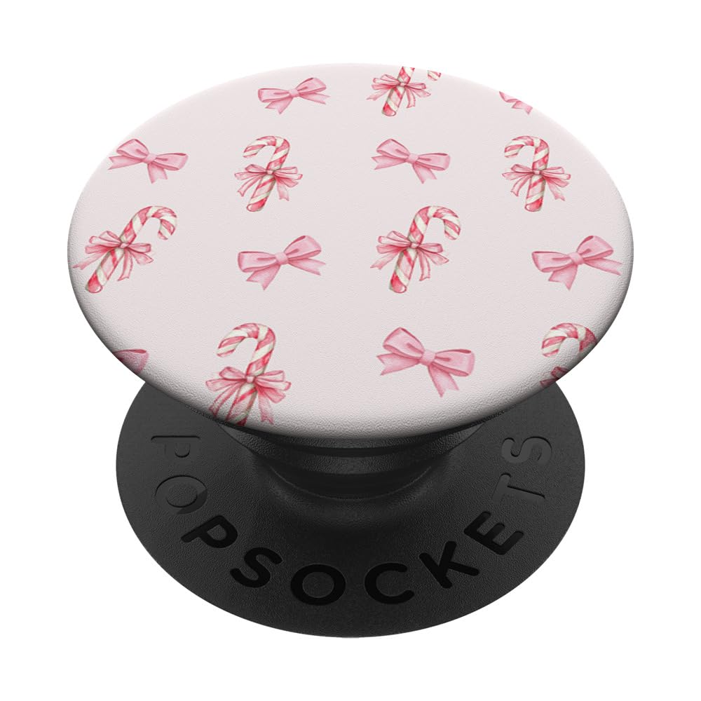 Cute Preppy Pink Ribbon Bow And Candy Canes Christmas Bows PopSockets Adhesive PopGrip
